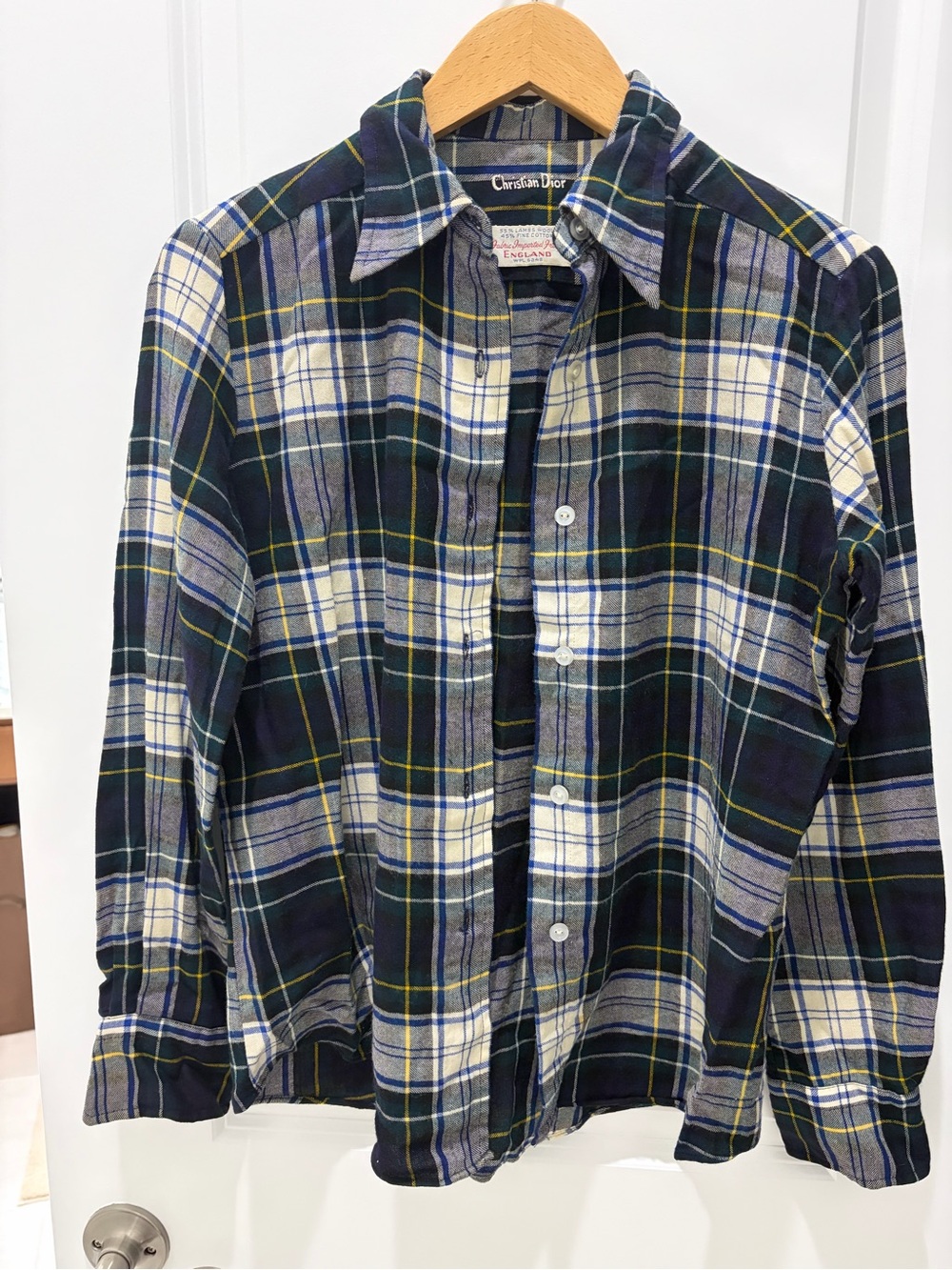 Dior Men's Navy Green Cream Plaid Button-Down Shirt